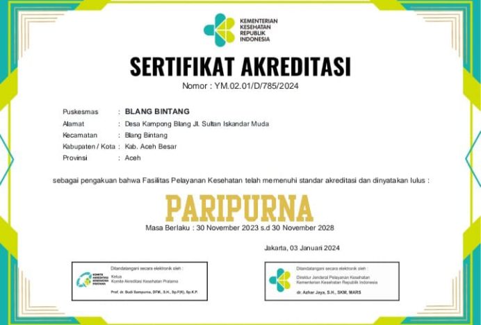 Puskesmas Blang Bintang Raih Predikat Paripurna Dari Kemenkes RI
