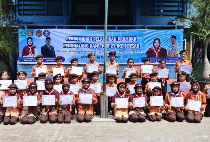 MIN 27 Aceh Besar Sukses Gelar Upacara Kenaikan Tingkat Pramuka Penggalang Ramu