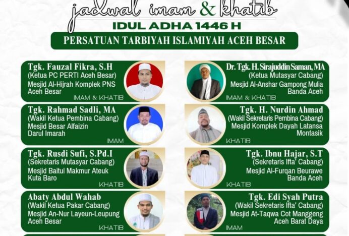 PERTI Aceh Besar Rilis Daftar Imam dan Khatib untuk Idul Adha 1446 H