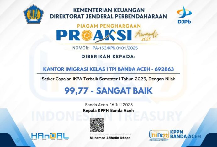 Imigrasi Banda Aceh Raih Penghargaan IKPA Terbaik di PROAKSI Awards 2025