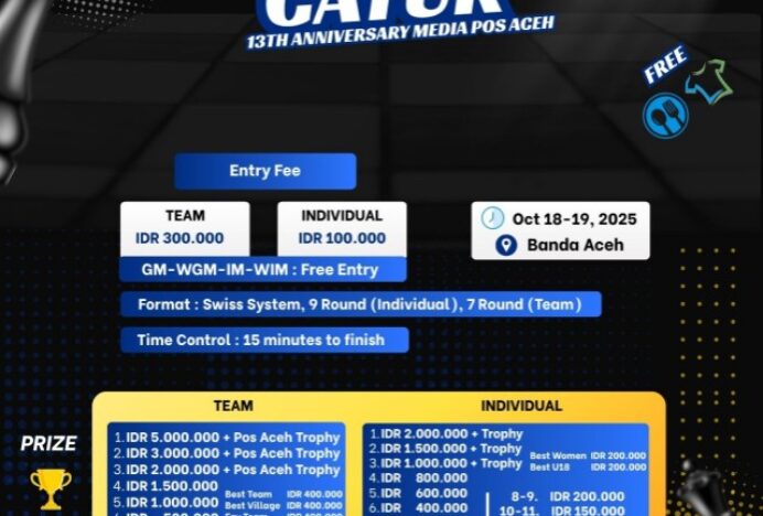 Dibuka Pendaftaran Olimpiade Catur HUT ke 13 Media Pos Aceh, Ini Caranya