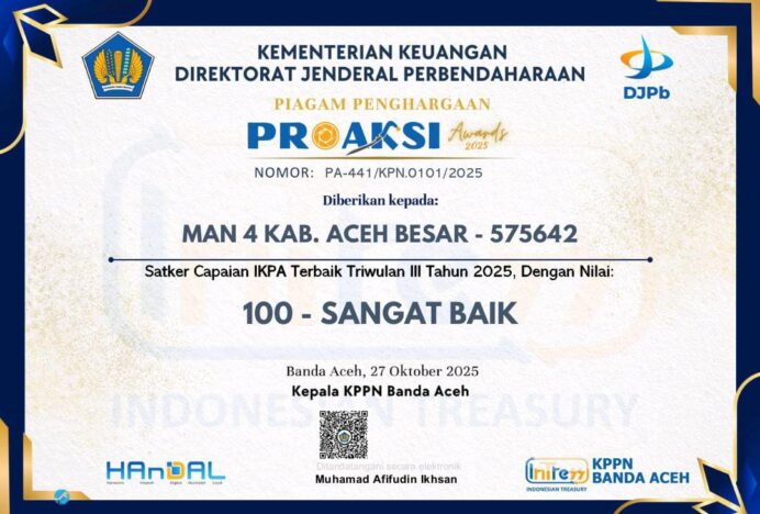 MAN 4 Aceh Besar Raih Penghargaan IKPA Terbaik pada triwulan III di PROAKSI Awards 2025