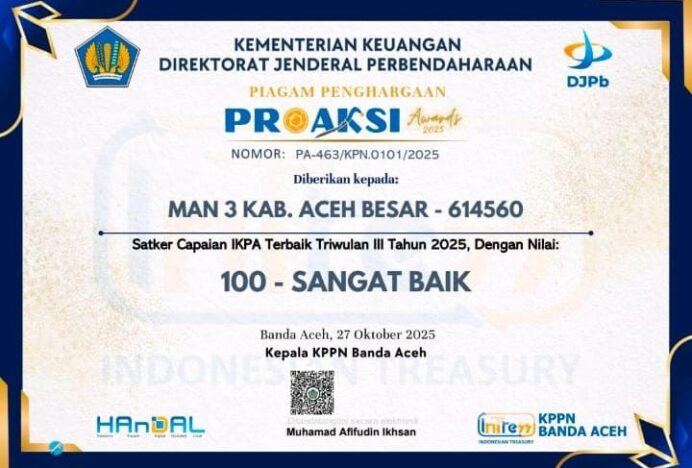 MAN 3 Aceh Besar Raih Kategori Sangat Baik dari KPPN