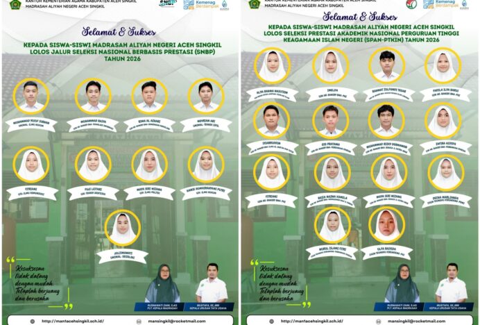 23 Siswa MAN Aceh Singkil tahun 2026 Lolos Ke PTN, 9 Siswa Jalur SNBP dan 14 Siswa lolos jalur SPAN PTKIN