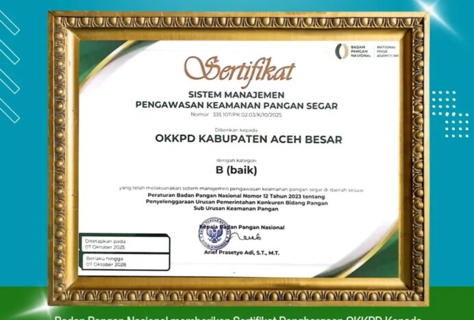 Dinas Pangan Aceh Besar Terima Penghargaan Nasional OKKPD Dengan Kategori Baik
