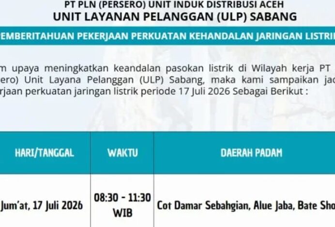 PLN ULP Sabang Lakukan Pemeliharaan, Listrik Padam Tiga Jam