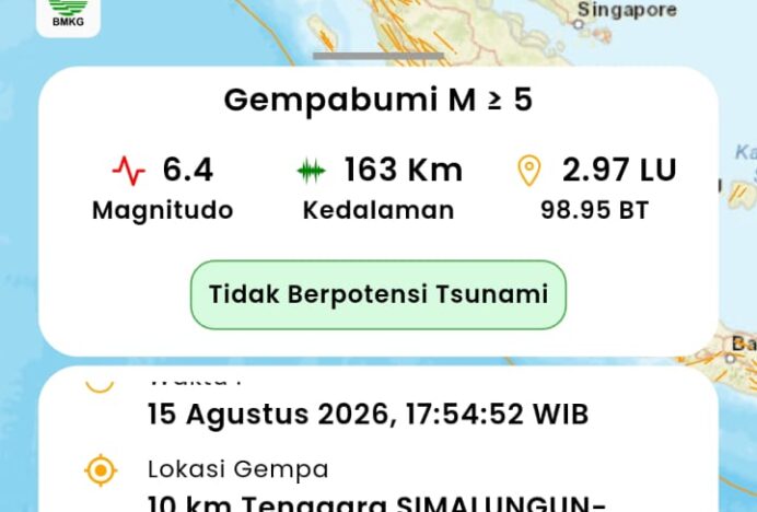 Gempa Simalungun Terasa hingga Banda Aceh