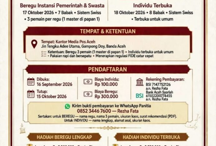 Pendaftaran Olimpiade Catur II HUT 14 Media Pos Aceh Resmi Dibuka