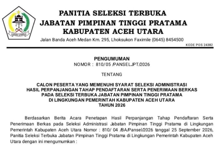 5 Jabatan Strategis Dibuka, Puluhan Pejabat Lolos Seleksi Administrasi JPT Aceh Utara